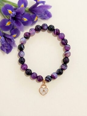 Striped Agate Bracelet With Cubic Zirconia Charm